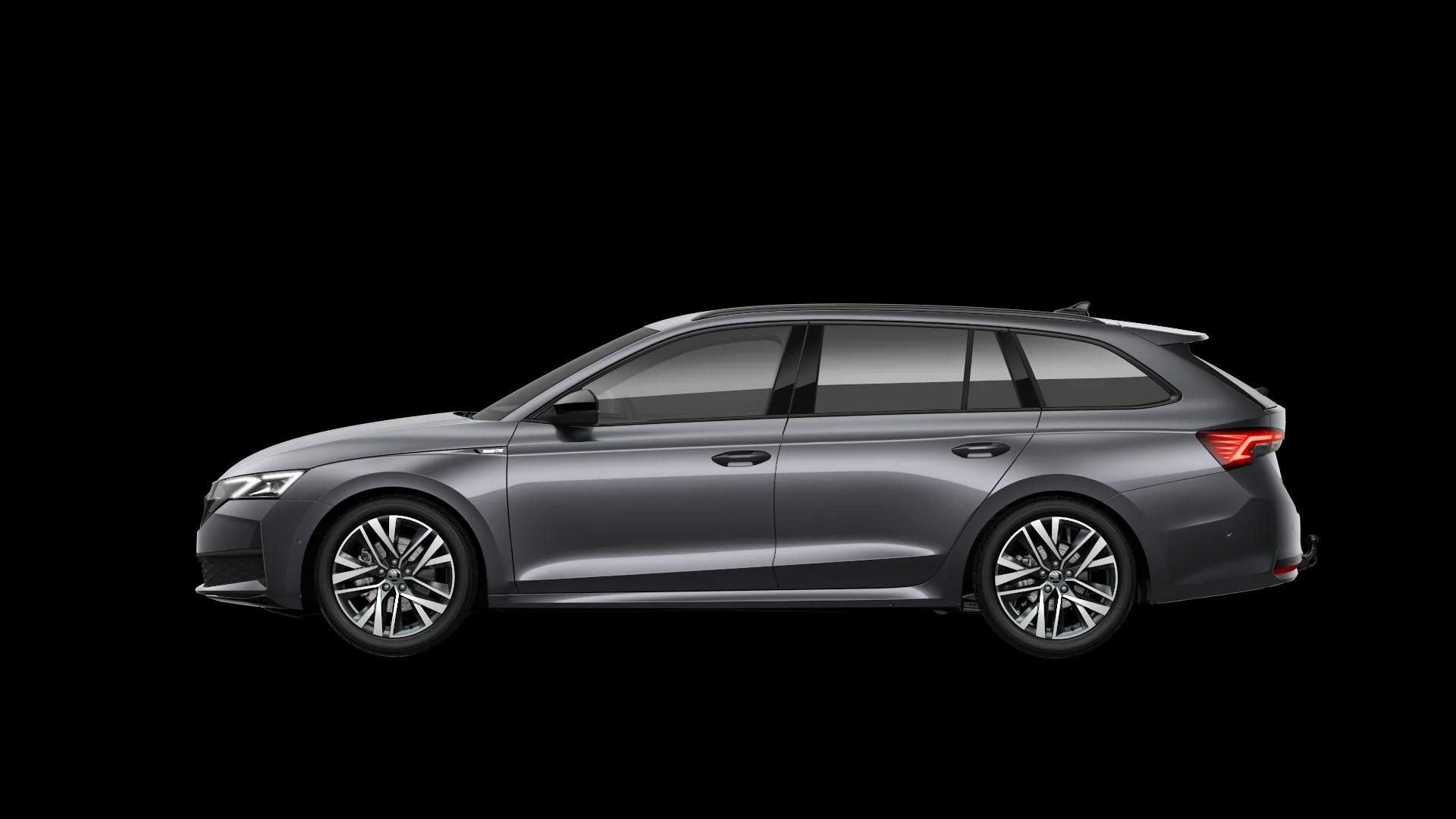 Szara Škoda Octavia Combi Sportline w ujęciu z boku na czarnym tle
