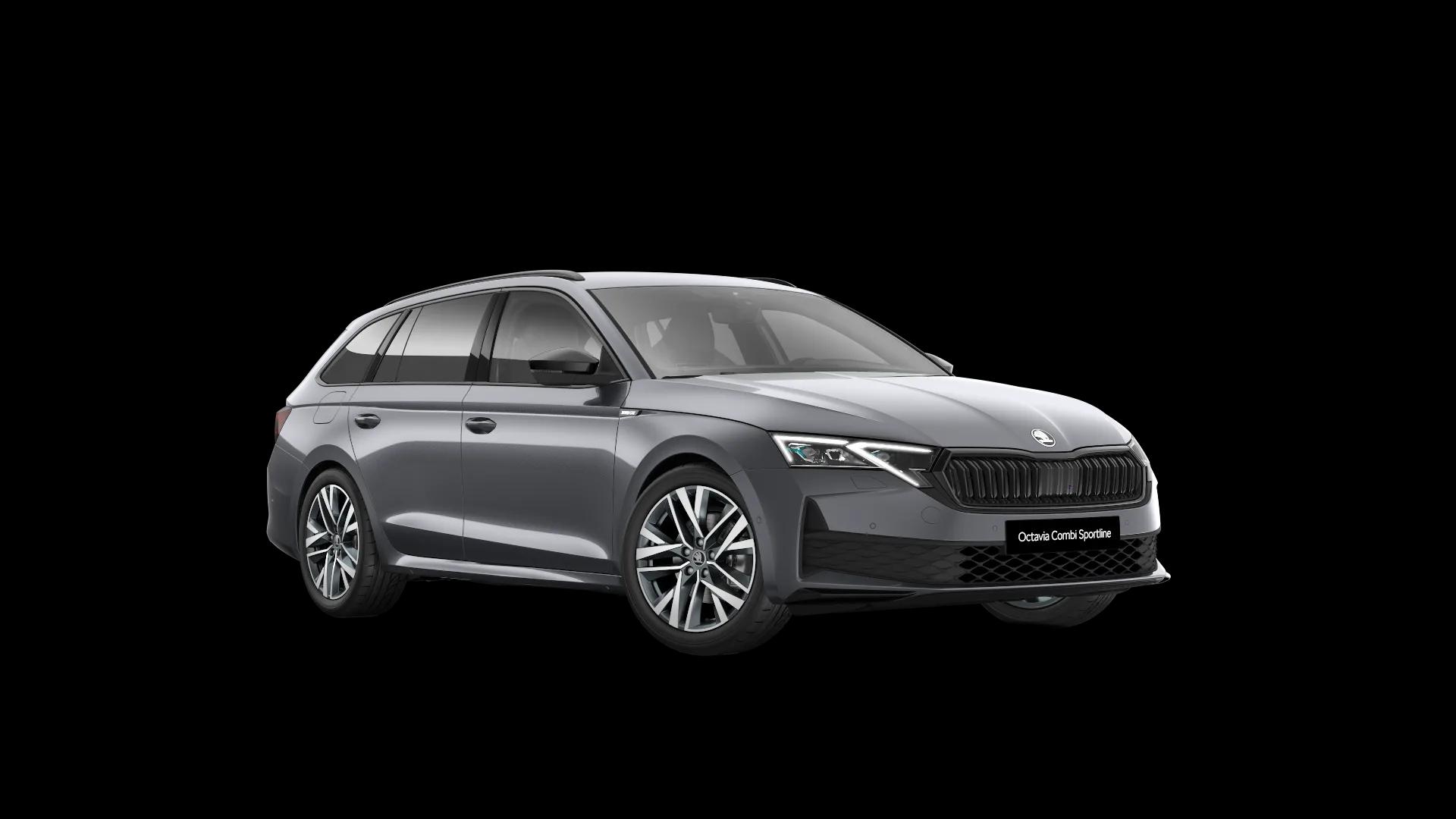 Szara Škoda Octavia Combi Sportline w ujęciu z przodu i boku na czarnym tle