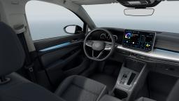 Wnętrze Volkswagena Golfa Varianta z kierownicą, cyfrowymi zegarami i ekranem multimedialnym, widok od strony pasażera
